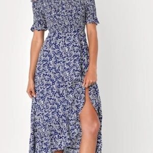 Lulu's Navy Blue Floral Off-Shoulder Maxi Dress